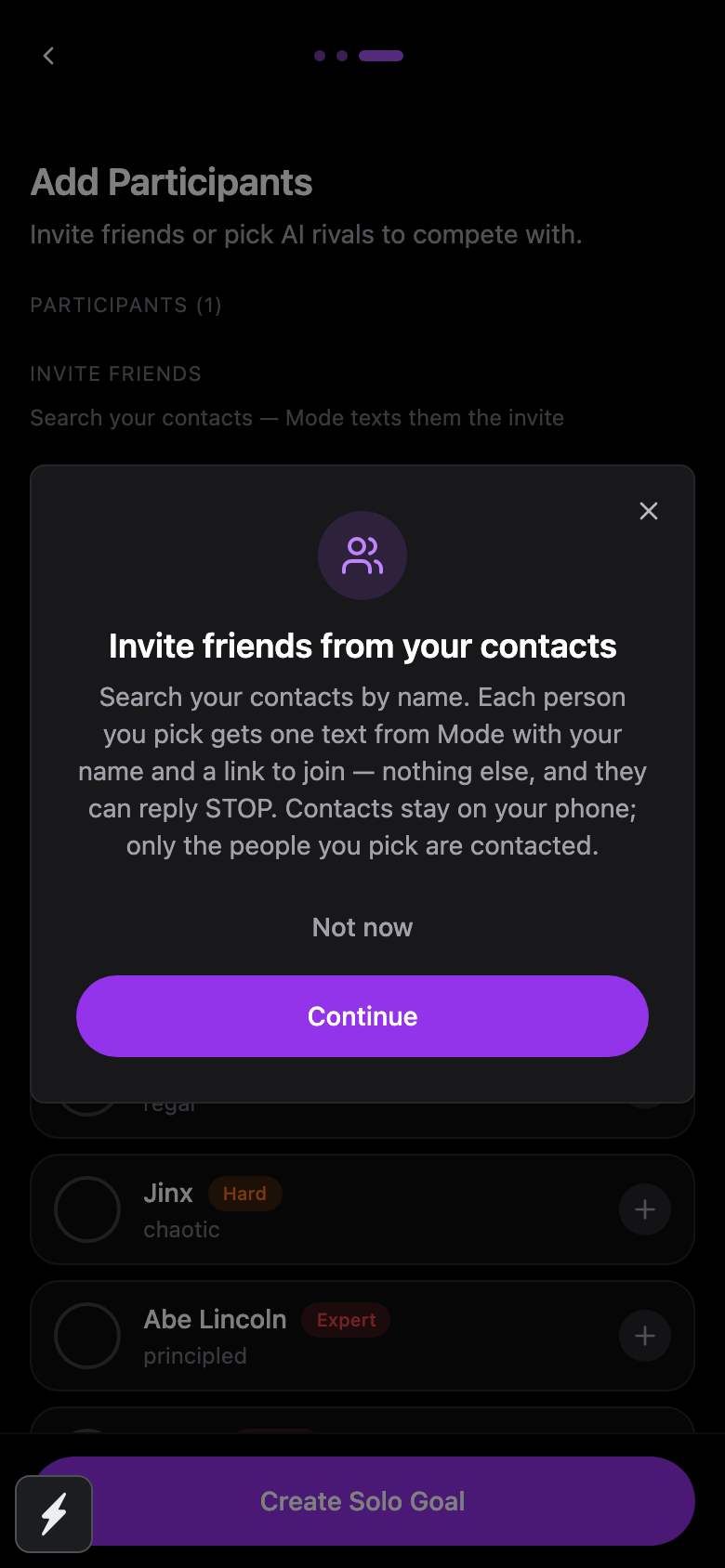 Mode app: explainer sheet before contacts access — each person you pick gets one text from Mode with your name and a link to join, and they can reply STOP.