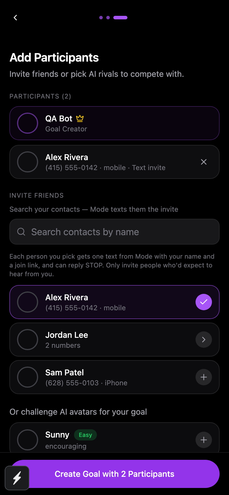 Mode app: contact picker with the consent notice and a selected contact showing the number that will be texted.